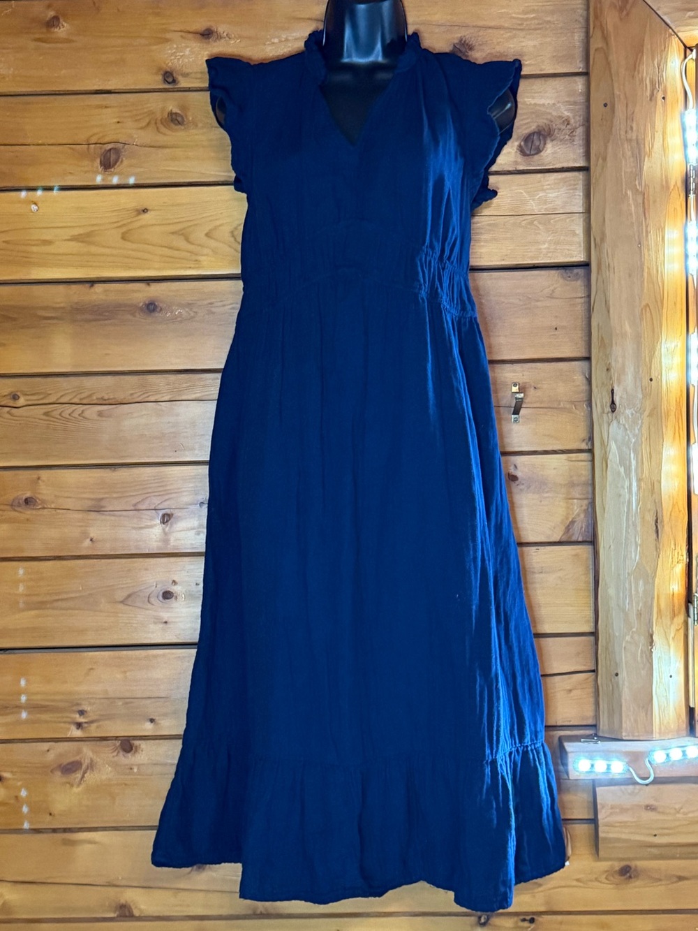 Women's Navy Blue Ruffle Sleeve Midi Dress 100% Cotton